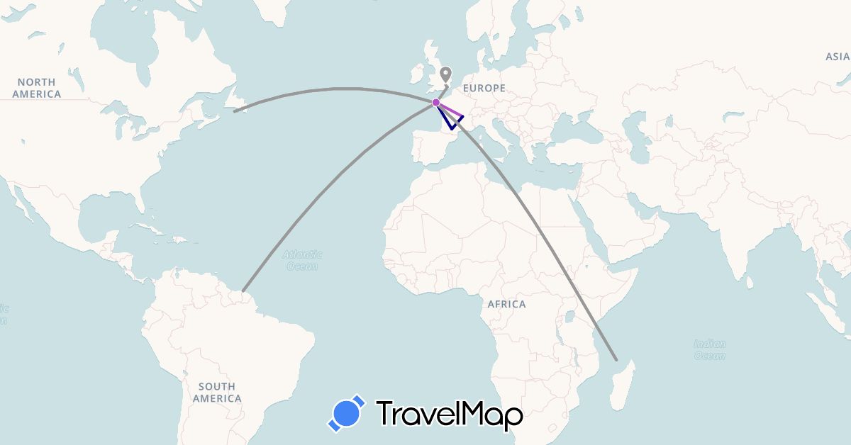 TravelMap itinerary: driving, plane, train in France, United Kingdom, French Guiana, Saint Pierre and Miquelon, Mayotte (Africa, Europe, North America, South America)